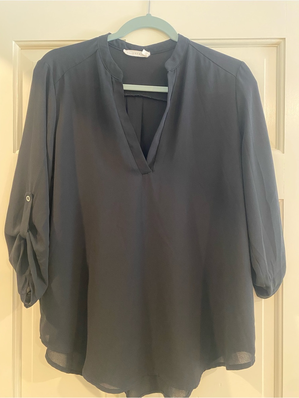 Lush Black Split V-Neck Roll-Tab Blouse